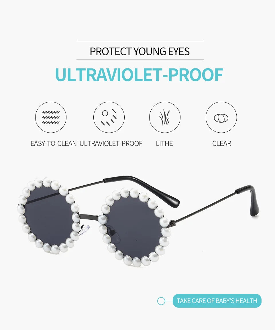 New Children's Circle Form Sunglasses Girl Decorative Pearl Frame Fashion Sun Glasses Cute Baby Outdoor Sunshade Eyewear UV400