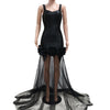 Neues schwarzes Mesh durchsichtiges Blumen-Rüschen-Luxus-Strass-Hochzeitsabend-Meerjungfrauen-langes Kleid Damen Träger Cocktail Geburtstagskleid
