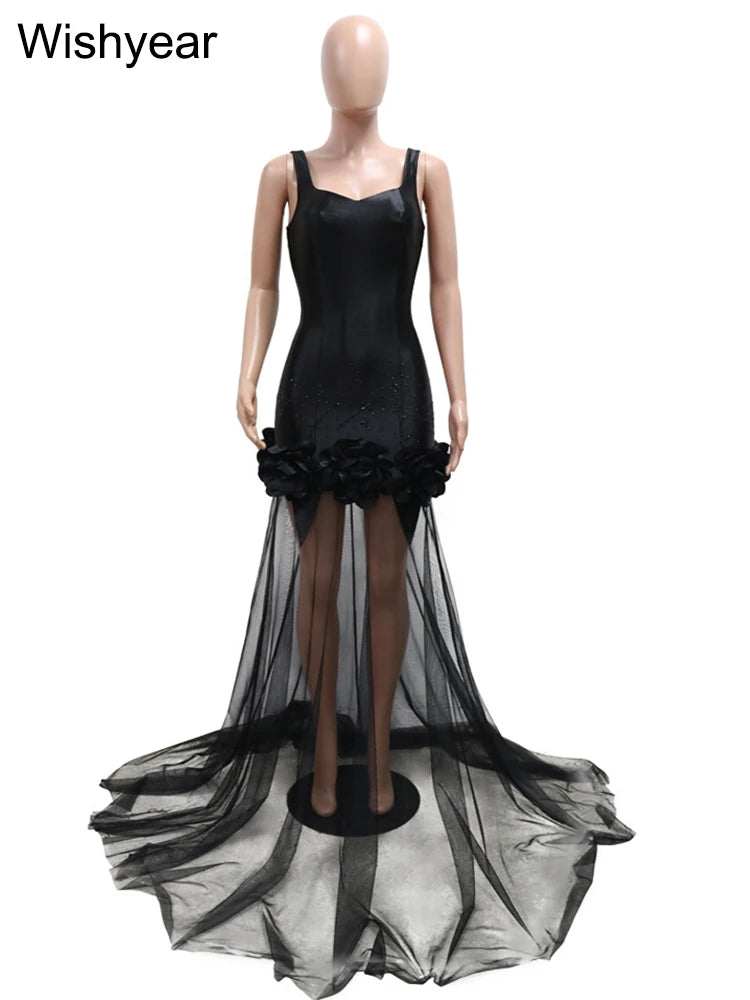 Neues schwarzes Mesh durchsichtiges Blumen-Rüschen-Luxus-Strass-Hochzeitsabend-Meerjungfrauen-langes Kleid Damen Träger Cocktail Geburtstagskleid