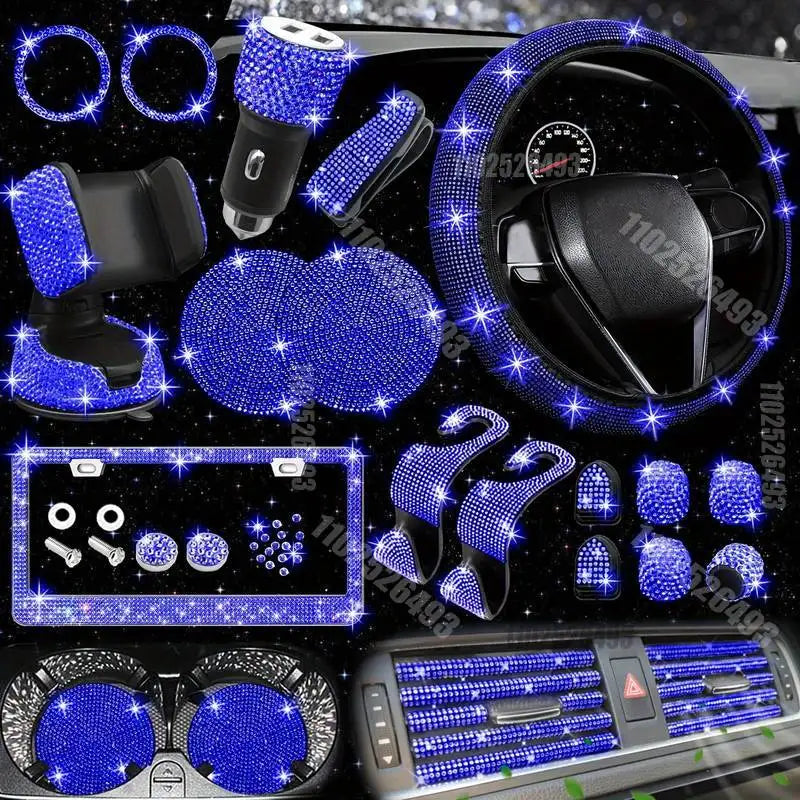 Autozubehör-Set 27/4-teilig Damen Bling Universal Passform Lenkradbezug Polyester Glitzernd Kennzeichenhalter Handyhalter Untersetzer Werkzeuge