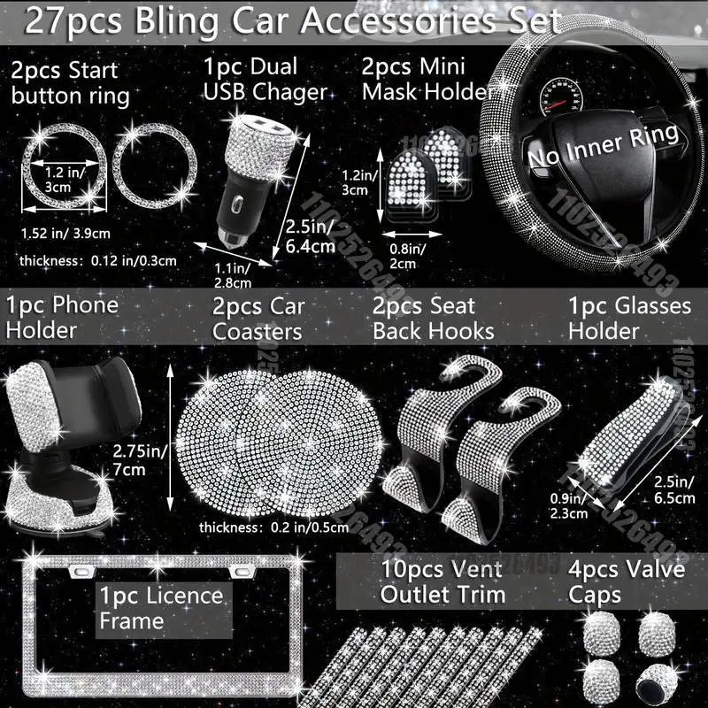 Autozubehör-Set 27/4-teilig Damen Bling Universal Passform Lenkradbezug Polyester Glitzernd Kennzeichenhalter Handyhalter Untersetzer Werkzeuge