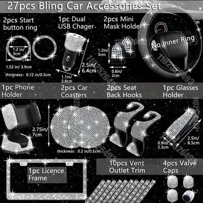 Autozubehör-Set 27/4-teilig Damen Bling Universal Passform Lenkradbezug Polyester Glitzernd Kennzeichenhalter Handyhalter Untersetzer Werkzeuge
