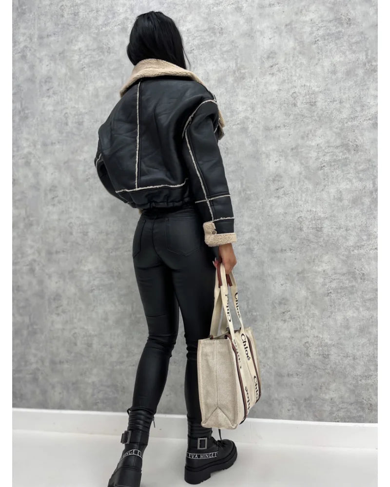 Faux Leather Jackets Women PU Short Thick Warm Black Outwear Female Aviator Retro Lapel Velvet Coat 2023 New Winter Woman Tops