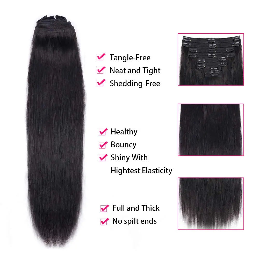 Seamless Clip ins Extensions Human Hair Straight Brazilian Remy Real Natural Hair 8Pcs 120G/Set Clip on Human Hair Extensions