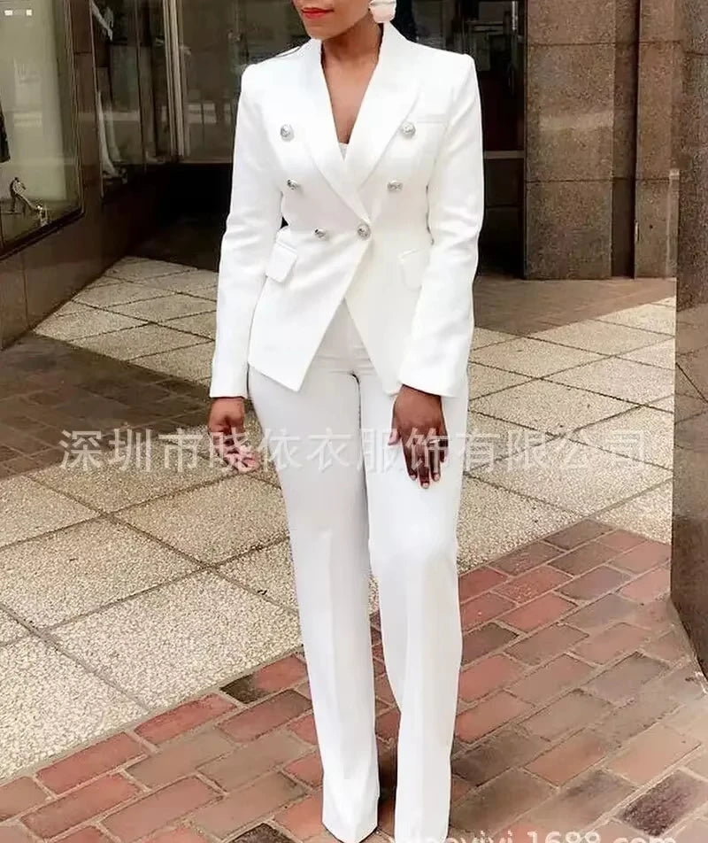 Damen-Hosenanzug, zweiteilig, Umlegekragen, weißer Blazer, elegante Mäntel, passende Sets, Arbeitskleidung, hohe Taille, lange Hosenanzüge