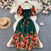 YuooMuoo Fashion Sommer Blumenmuster Langes Kleid Damen Vintage Eckiger Ausschnitt Geraffte Brust Schärpe Bandage Sundress Party Kleider