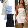 TRAF Damenkleid schulterfrei Korsett Kurze Kleider Gerafftes rückenfreies blaues schwarzes weißes Kleid Damen sexy Bodycon Partykleider