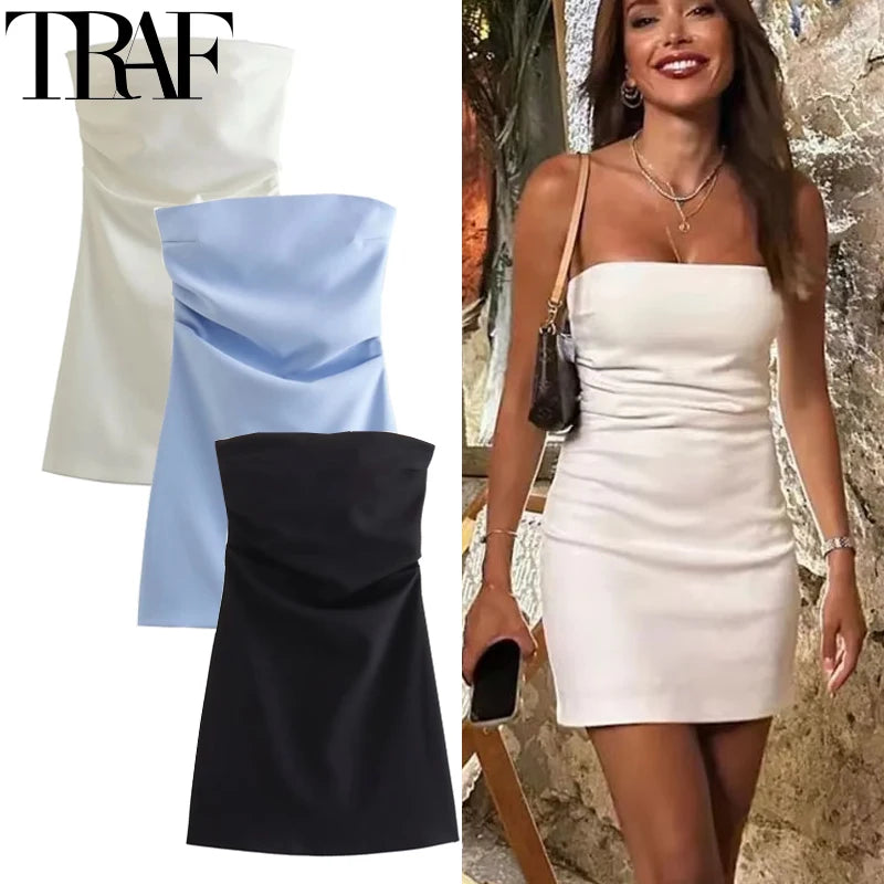 TRAF Damenkleid schulterfrei Korsett Kurze Kleider Gerafftes rückenfreies blaues schwarzes weißes Kleid Damen sexy Bodycon Partykleider