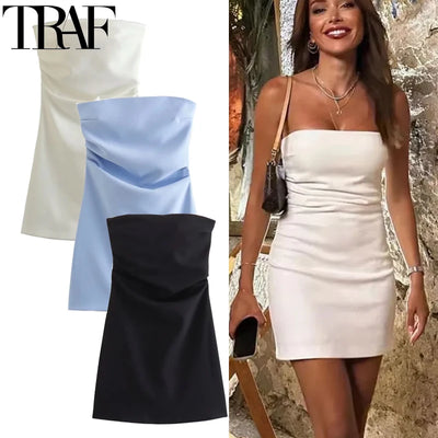 TRAF Damenkleid schulterfrei Korsett Kurze Kleider Gerafftes rückenfreies blaues schwarzes weißes Kleid Damen sexy Bodycon Partykleider