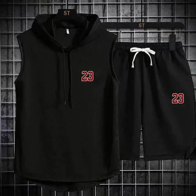 Summer New Men's Sleeveless Hooded T-shirt+shorts pants Sports two-piece set gym  Fashion  Casual Men Women Sports Two Piece Set