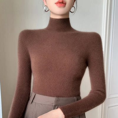 Damen Rollkragen-Basics Kaschmirpullover Herbst Winter Pullover 100% Merinowolle Strickwaren Damen Weicher schmaler Strick Neuer Top