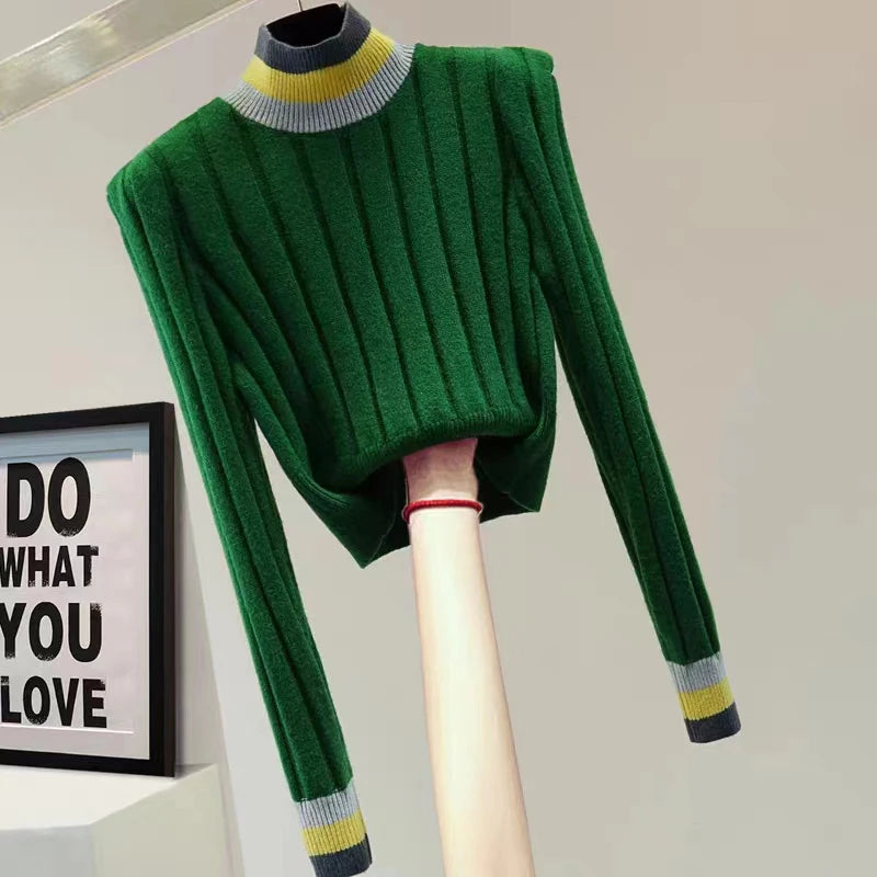 2024 Autumn Winter Turtleneck Striped Sweater Women Korean Style Womens Clothes Long Sleeve Knitted Crop Top Pullover Pull Femme