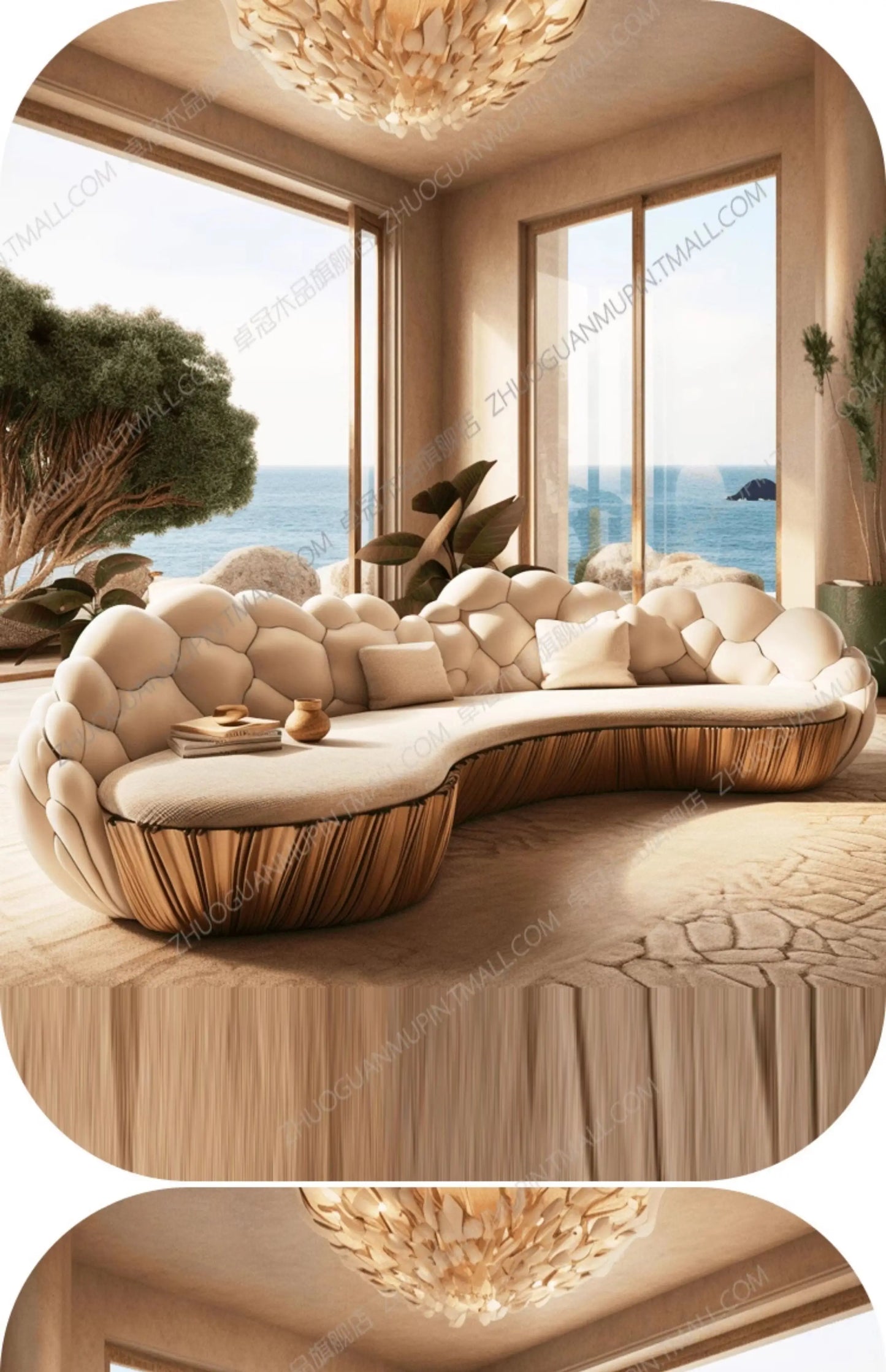 Französisches, leicht luxuriöses, halbkreisförmiges, geschwungenes Villa Wohnzimmer, kreatives Sofa, cremefarben, speziell geformt, Massivholz