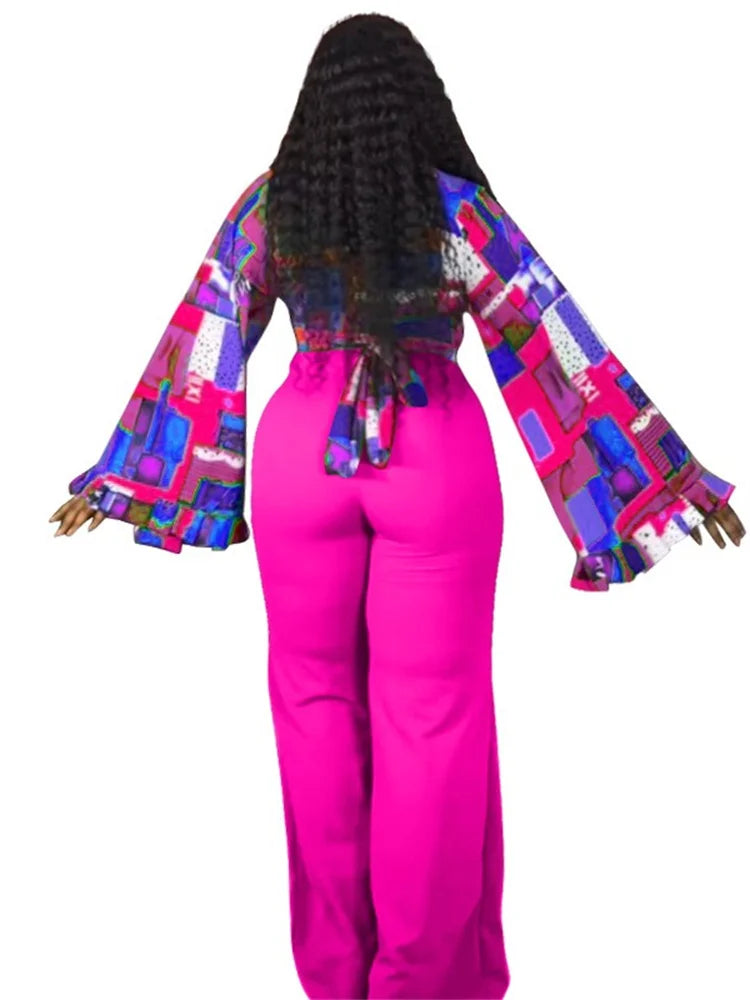 Wmstar Plus Size Two Piece Sets Wholesale Long Sleeve Print Top and Wide Leg Pants Matching Suit Fall Clothing Dropshopping