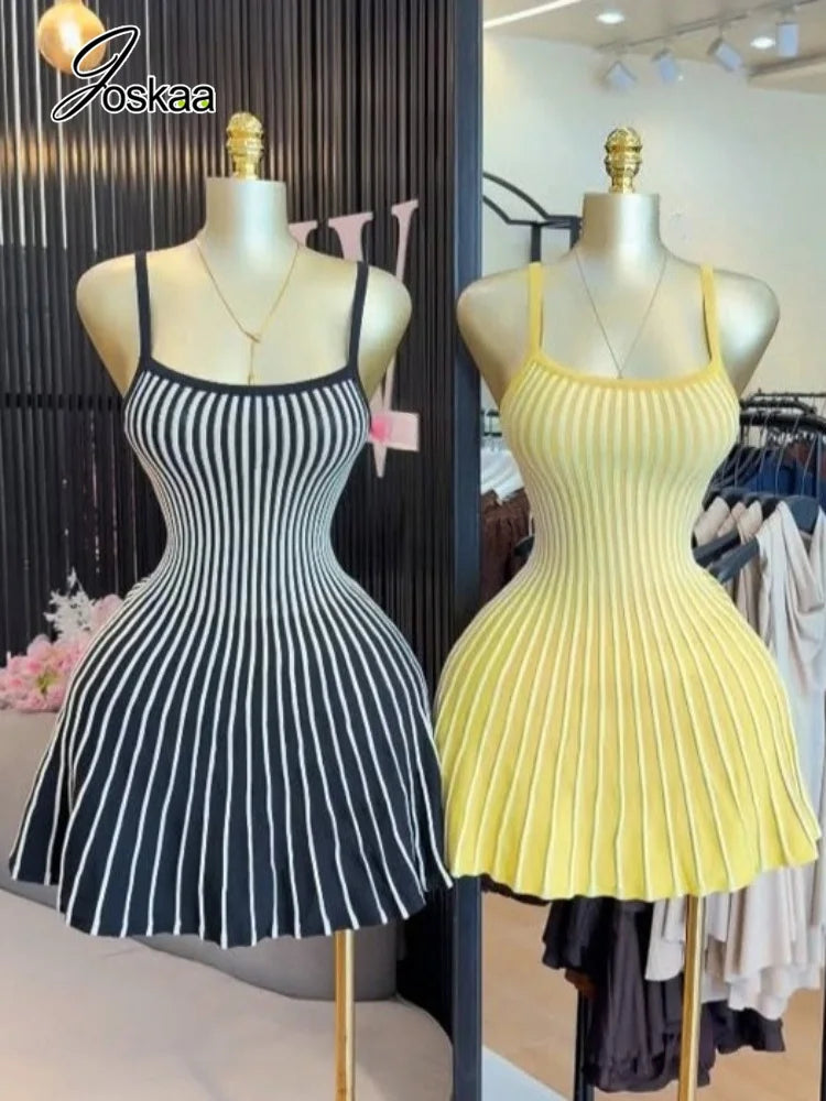 Joskaa 2026 Autumn Retro Striped Knit Dress Women Elegant Pleated Waist Slim Low Cut Sleeveless A-line Slip Dress Streetwear