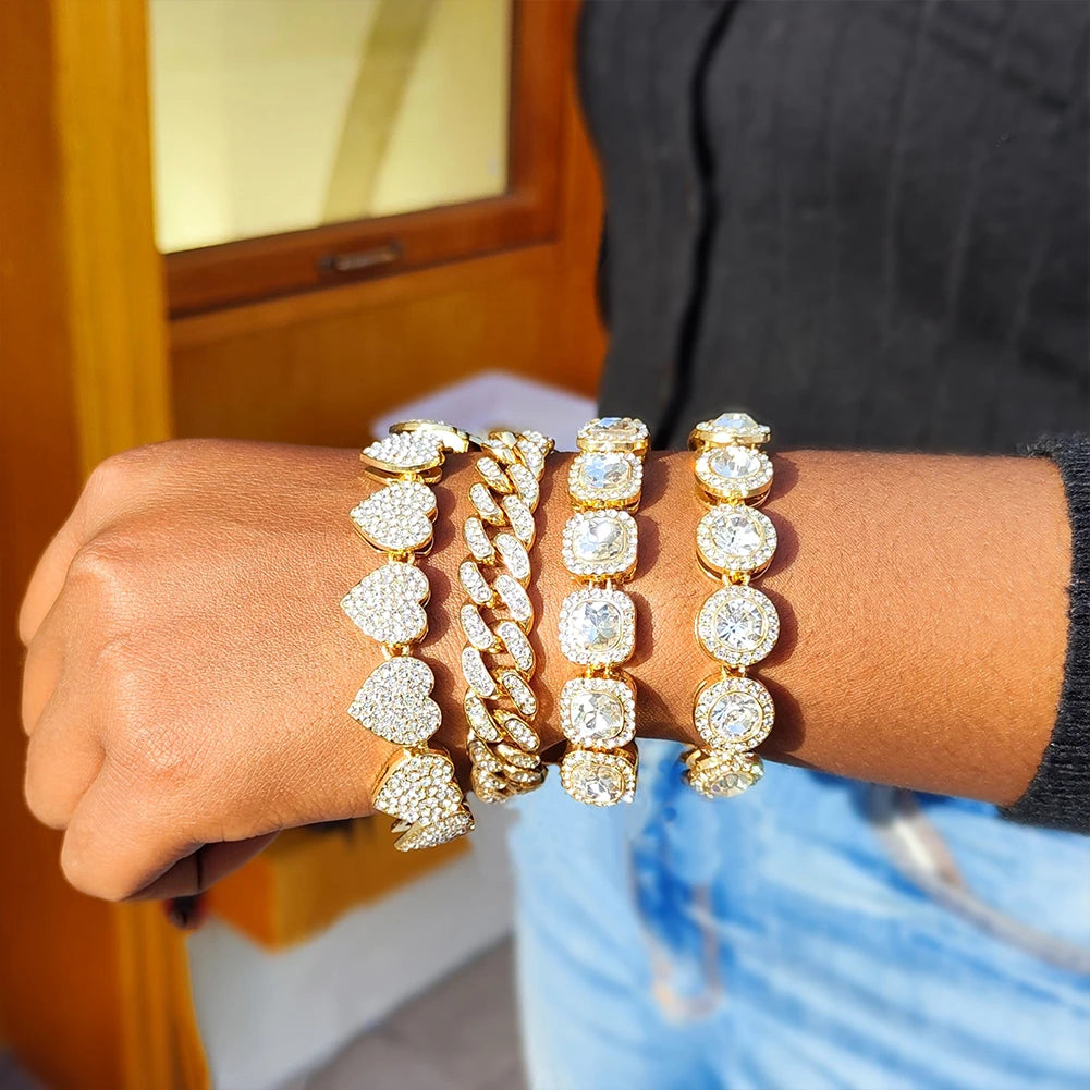 Iced Out Pink Cuban Armband für Frauen Hip Hop Gold Silber Farbe Kristall Herz Kreis Quadrat Armband 4Pcs Set Schmuck Geschenk