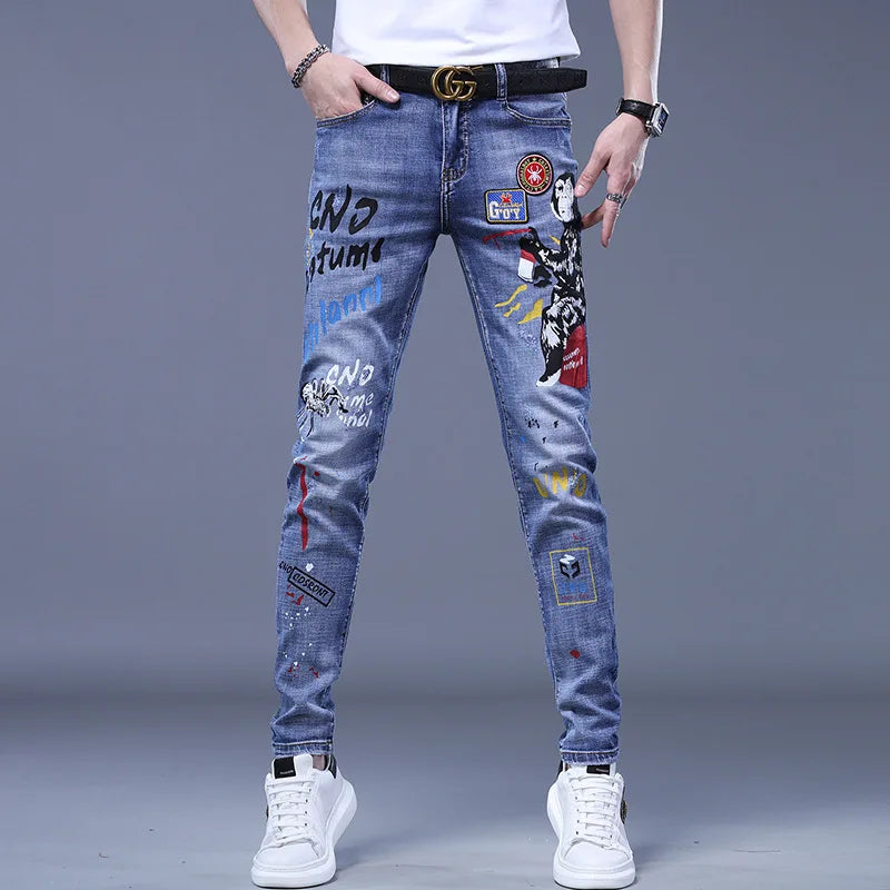Fashion Printed Jeans Men's Korean Brand Embroidery Badge Pattern Youth Ripped Small Feet Teenagers Cowboy Pencil Pants