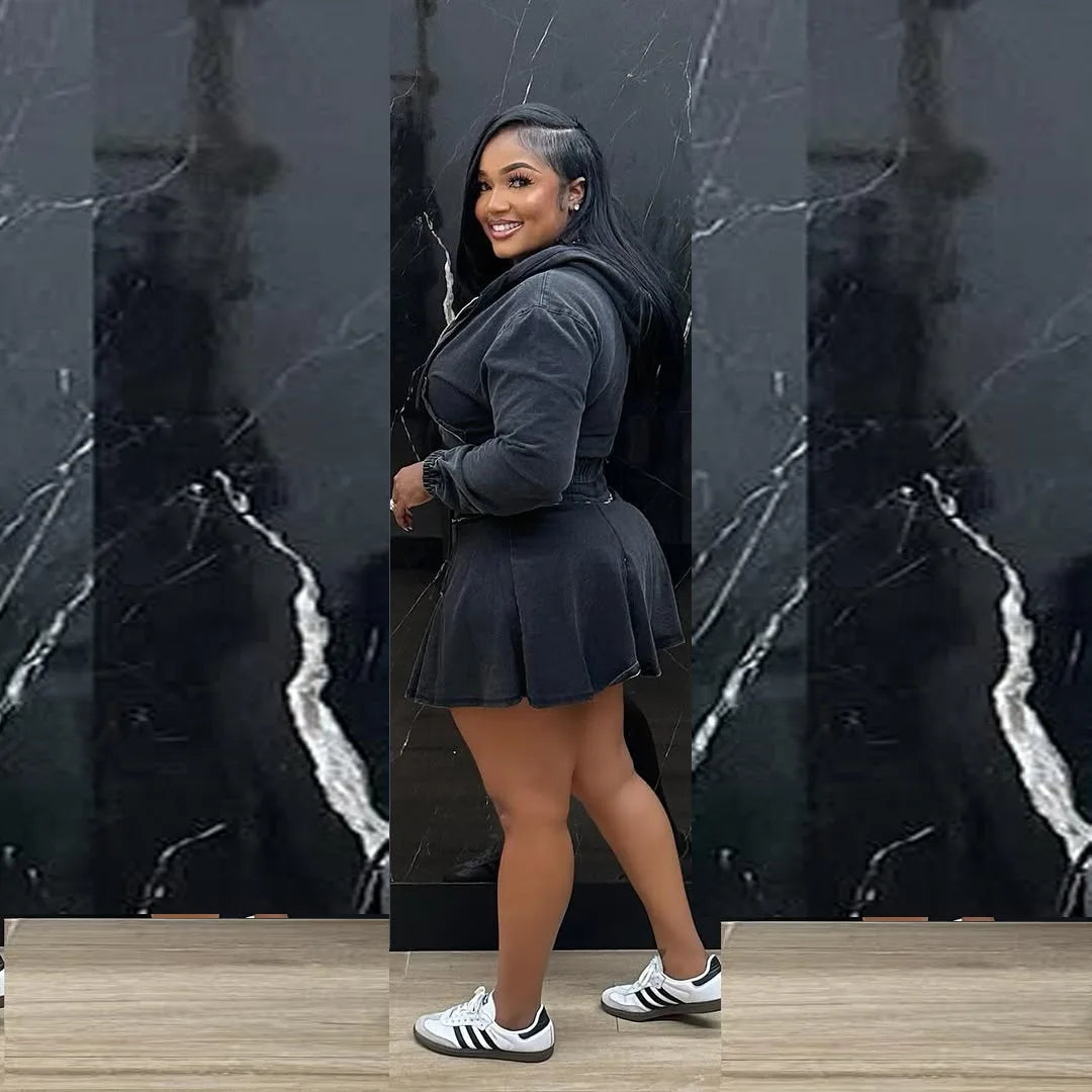 Two Piece Sets Women Denim Skirt Hooded Zipper Tops Short Dress Sets Skirts A Line High Waist Y2k Streetwear Elegant Slim Fit