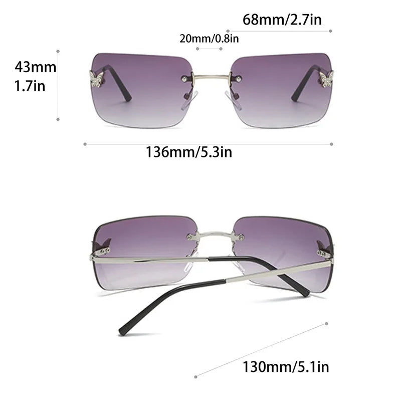 Y2K Luxusmarken Designer Randlose Quadratische Sonnenbrille Damen Für Weibliche Trendige Sonnenbrille Diamant Schmetterling Rosa Punk Shades UV400