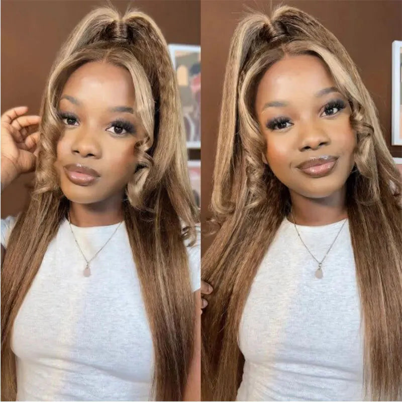 Blonde Highlight Kinky Straight Bundles with Closure Human Hair P4/27 Ombre Hair Weave with 4x4 Lace Closure 13x4 Lace Frontal