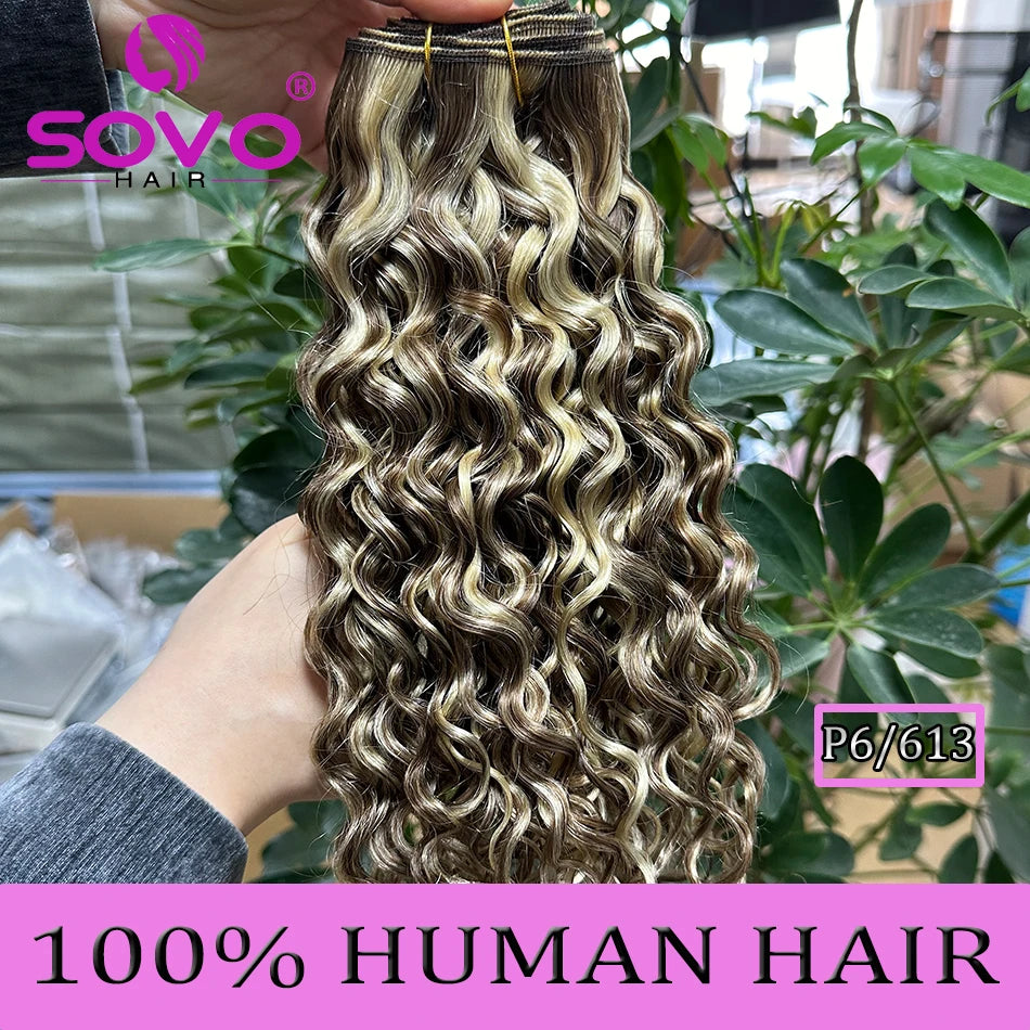SOVO Honey Blonde Water Wave Human Hair Extensions 100 G Highlight P6/613 Natural Wet and Wavy Peruvian Curly Hair Weave Bundles