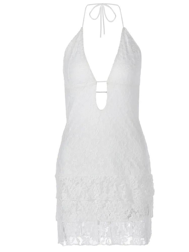 Articat 2024 Sommer Neue sexy Hollow Out Lace Up Hängende Damenkleid Temperament Vestido Kurzer Rock Slim Party Urlaub Strand