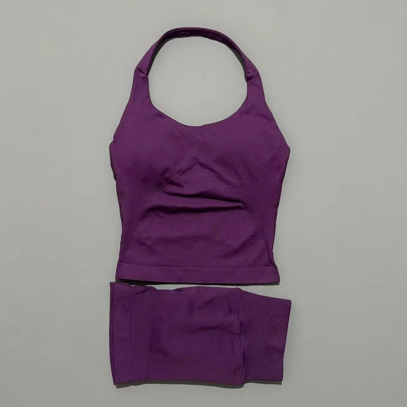 2 Pieces Sports Set Women Backless Halter Tops High Waist Seamless Hight Stretch Shorts Gym Suit Sportswear Workout Sets