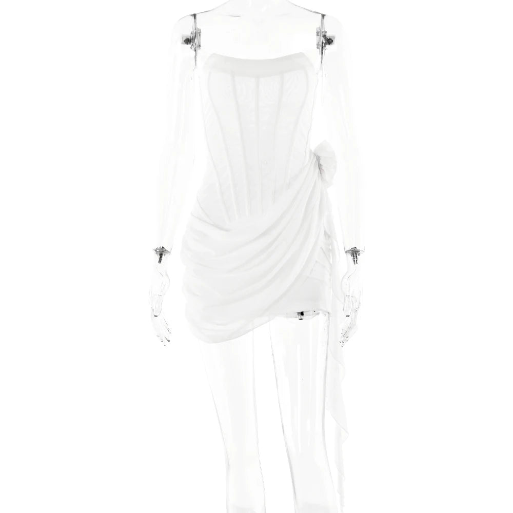 Articat Sexy Trägerloses Bandagenkleid, Zweilagiges Mesh-Patchwork, Damen, Transparent, Blumen-Bänder, Vestidos, Party, Clubwear