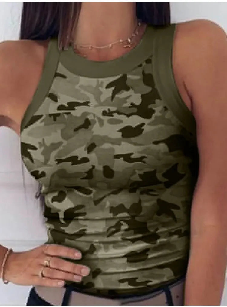 Summer Basic Elastic Tank Top Digital Printing T-shirt Women's O Neck Racerback Sexy Tank Top Stripe Print Sleeveless Tank Top