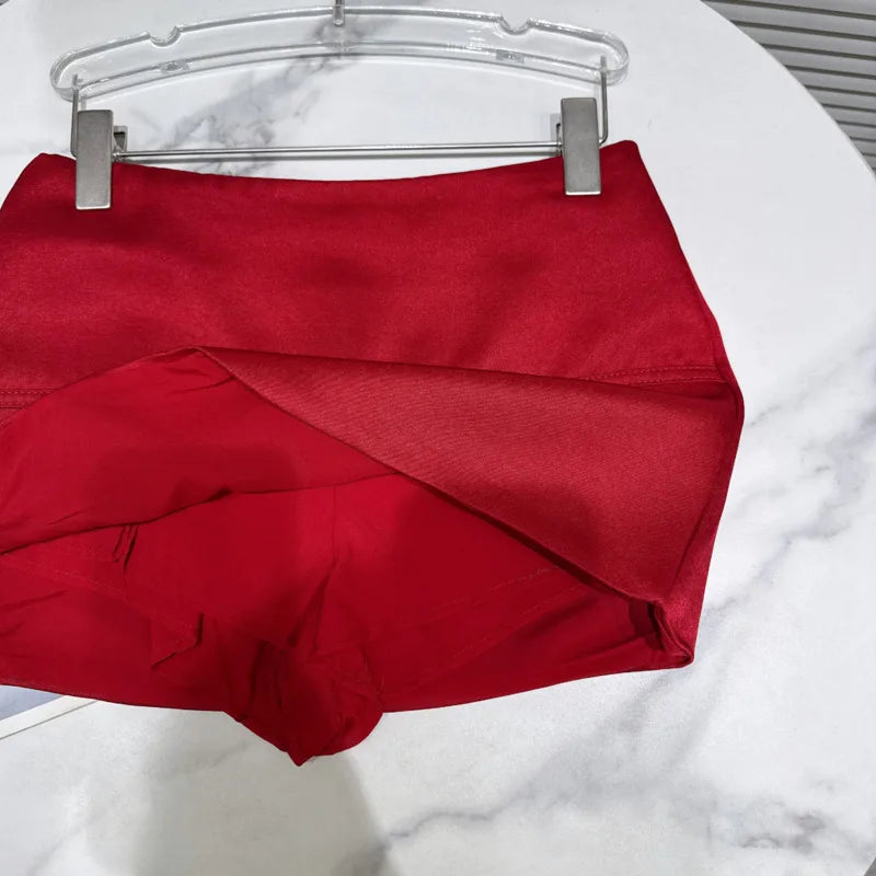 DEAT 2026 Summer New Sexy Hot Girl V-neck Backless Bandage Bowknot Fishbone Halter Top Red Mini Skirt For Women 11B1198