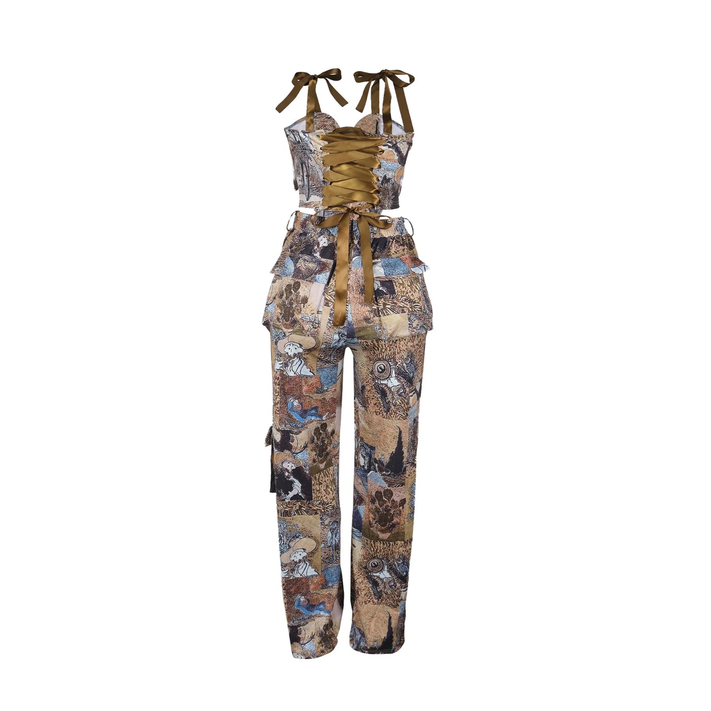 Two Pieces Women Pant Sets Print Matching Set Drawstring Pockets Sleeveless Top Elastic Waist Pants Slim Fit Casual 2026 Spring