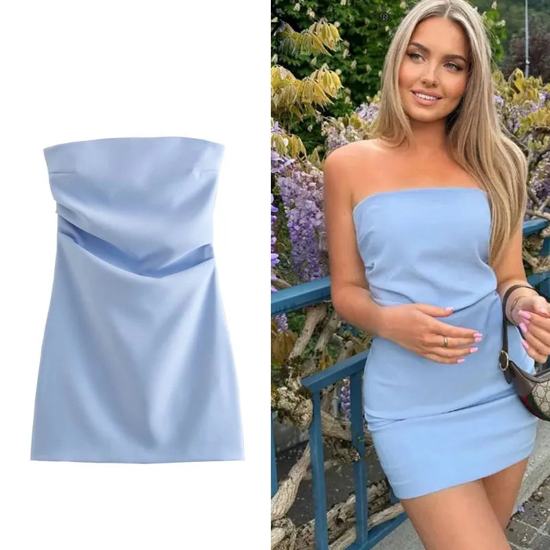 TRAF Damenkleid schulterfrei Korsett Kurze Kleider Gerafftes rückenfreies blaues schwarzes weißes Kleid Damen sexy Bodycon Partykleider
