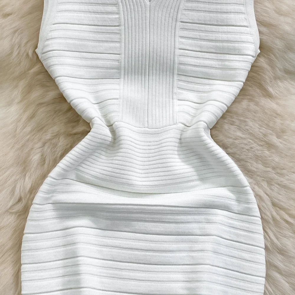 White/Black Sexy Summer Knit Strap Dress Women Tank V Neck Elatic Waist Bodycon Sundress Female Beach  Midi Dress