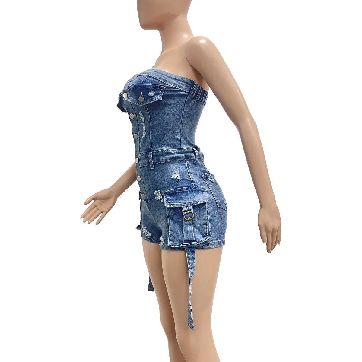 HLJ&GG Blauer sexy Denim Pocket Cargo Bodycon Romper Damen schulterfrei ärmellos rückenfrei schmaler Jumpsuit Fashion Cowboy Playsuit
