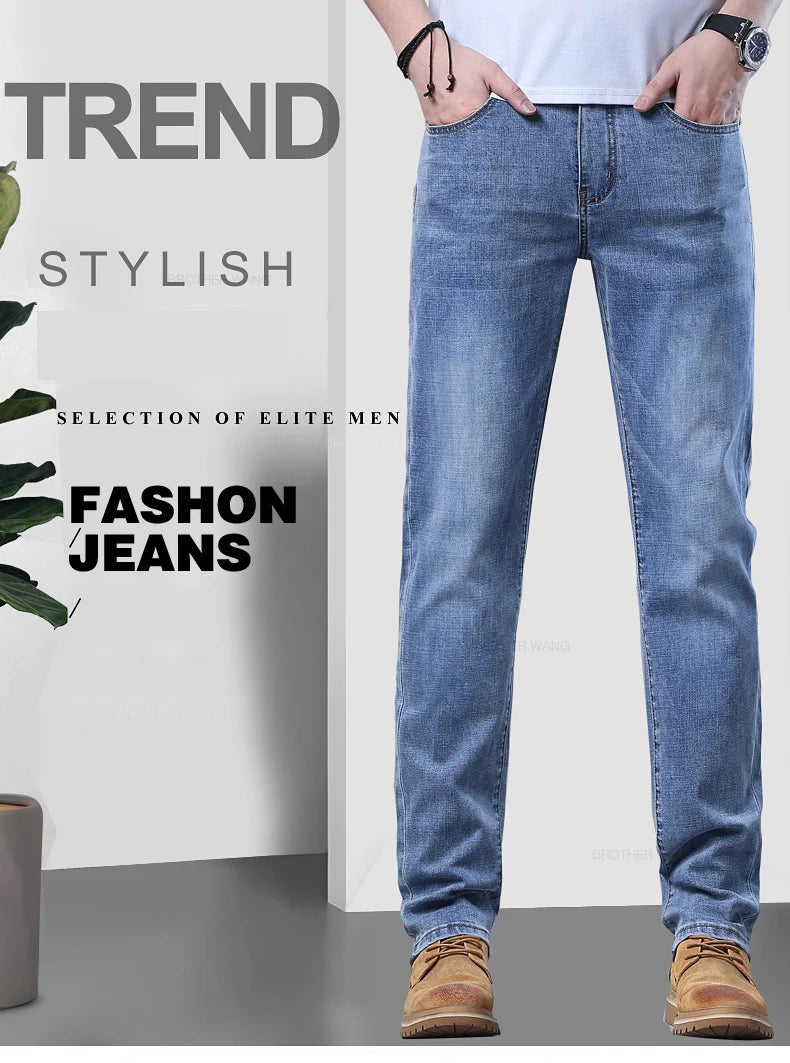 Frühlings Herren Hellblaue Slim Jeans Stylische Lässige Stretch Denim Hose Klassische Chinohose Rauchgrau