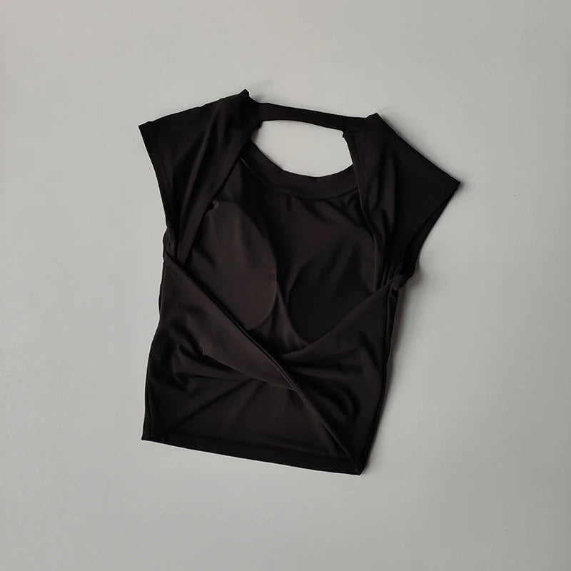 Sexy Kurzes Rückenfreies Sport-T-Shirt mit festem Brustpolster Damen Eng Anliegendes Schnell Trocknendes Schlankmachendes Yoga-Top