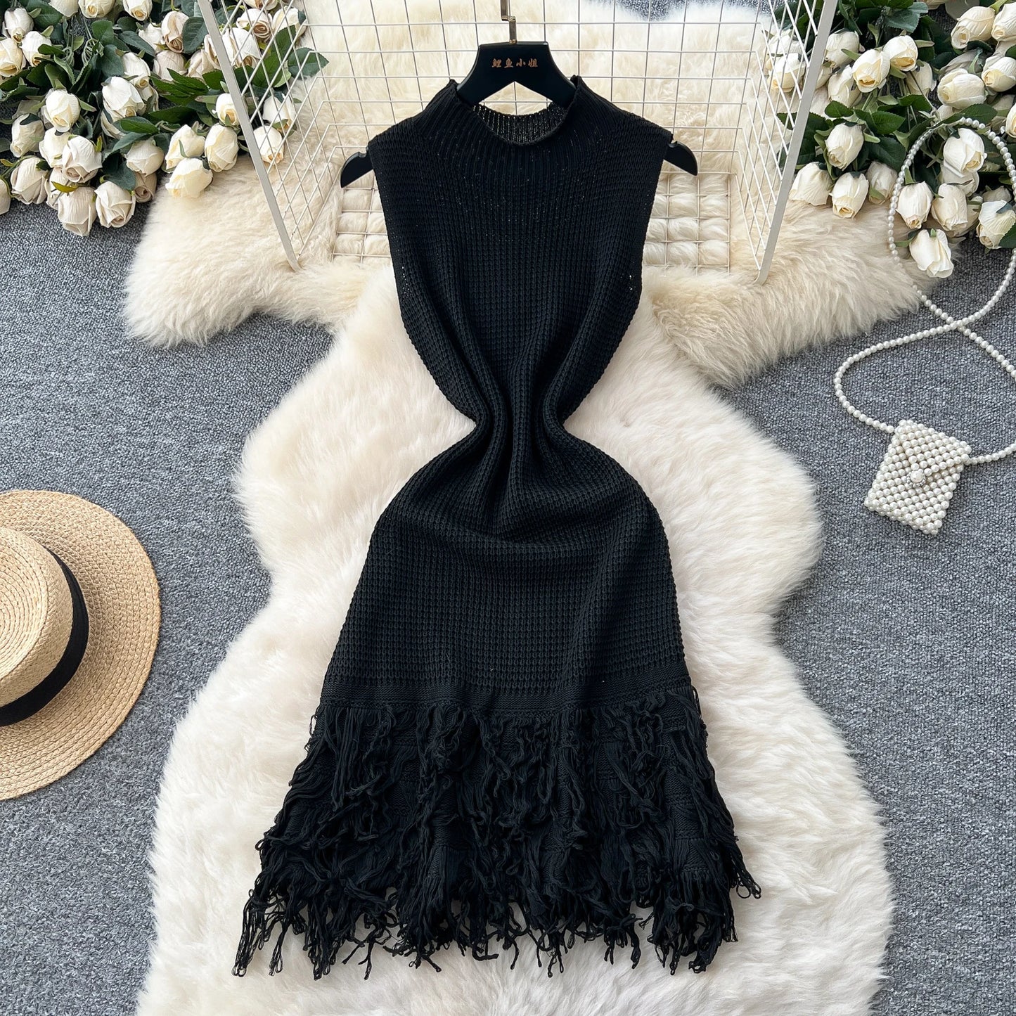Chic Elastic Knit tassel O Neck Women Elegant Korean Fashion Vestidos Summer A-line Wrap mini dress