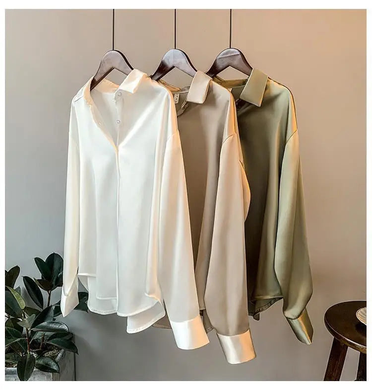 1pcs Woman Spring Autumn Satin Shirt Lady Long Sleeve Lapel Blouses Cardigans Elegance Sweet Casual Coats Girl Sunscreen Top