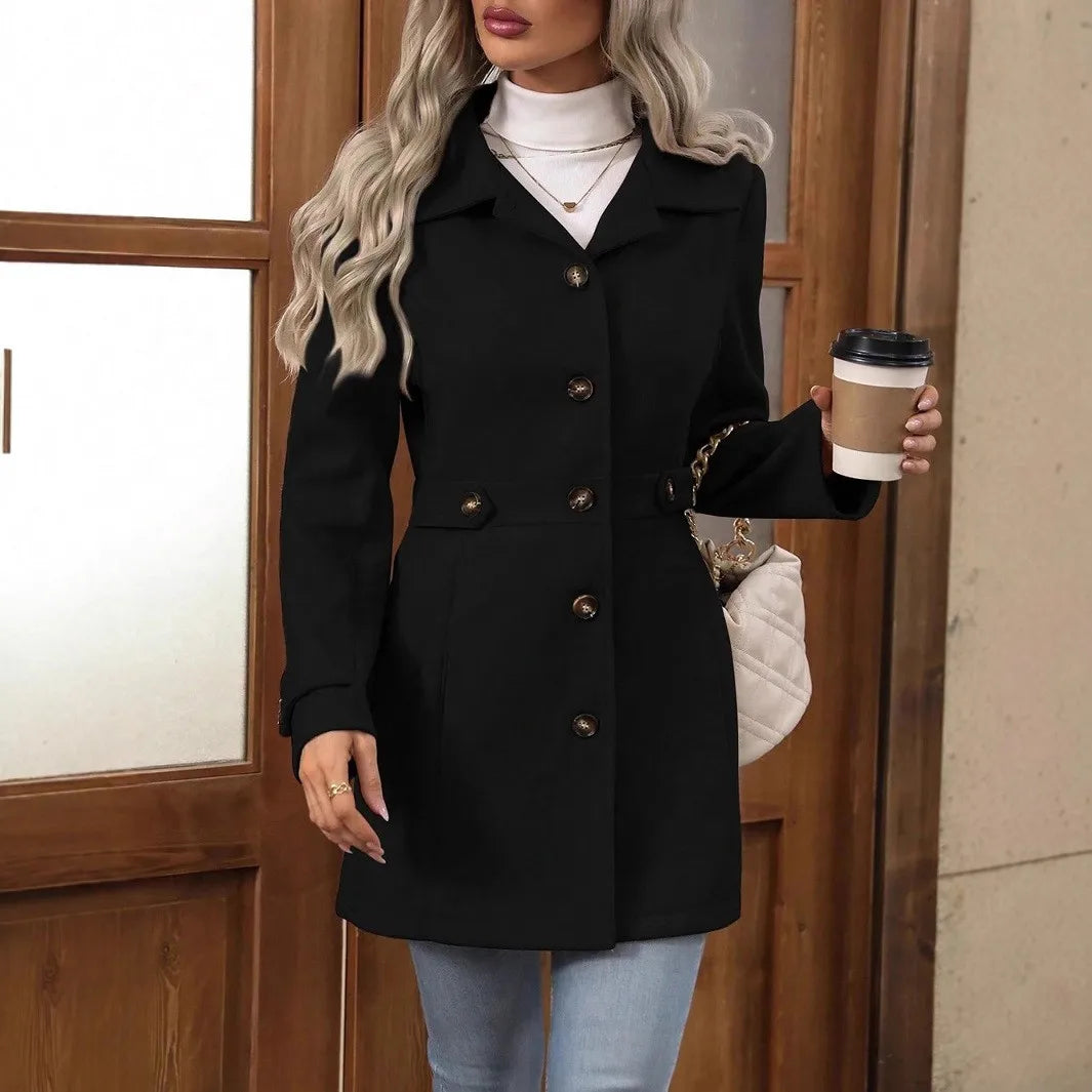Autumn Winter New Mid-Length Elegant Woolen Coat Button Stand Collar Slim Fit Tweed Durable Fashionable Outerwear