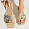 Eilyken Summer Glitter Rhinestone Women Slippers Bright Diamond Flat Bottom Cane Crystal Sandals Beach Slides Shoes Zapatos muje