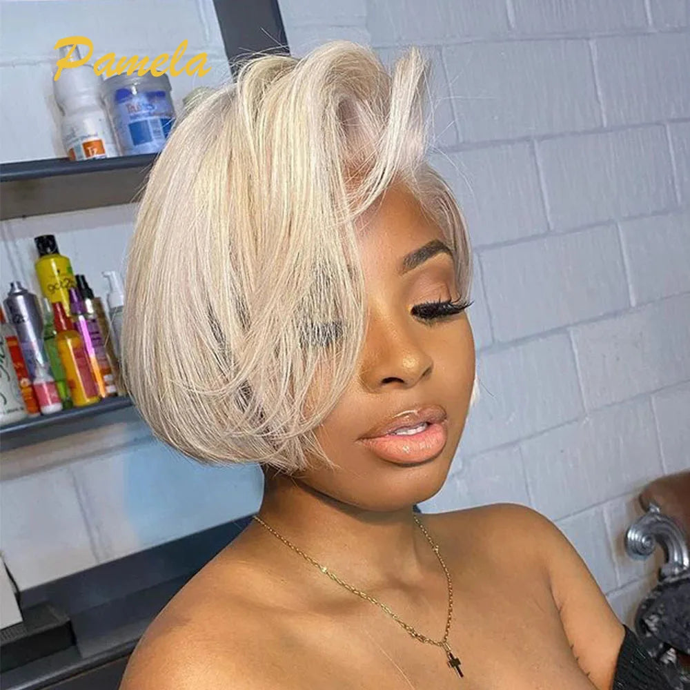 Pixie-Cut-Perücke Brasilianisch 613 Blond Glatt Seitenscheitelperücke 13x4 Kurzer Bob HD Transparente Lace-Front Echthaarperücke für Frauen