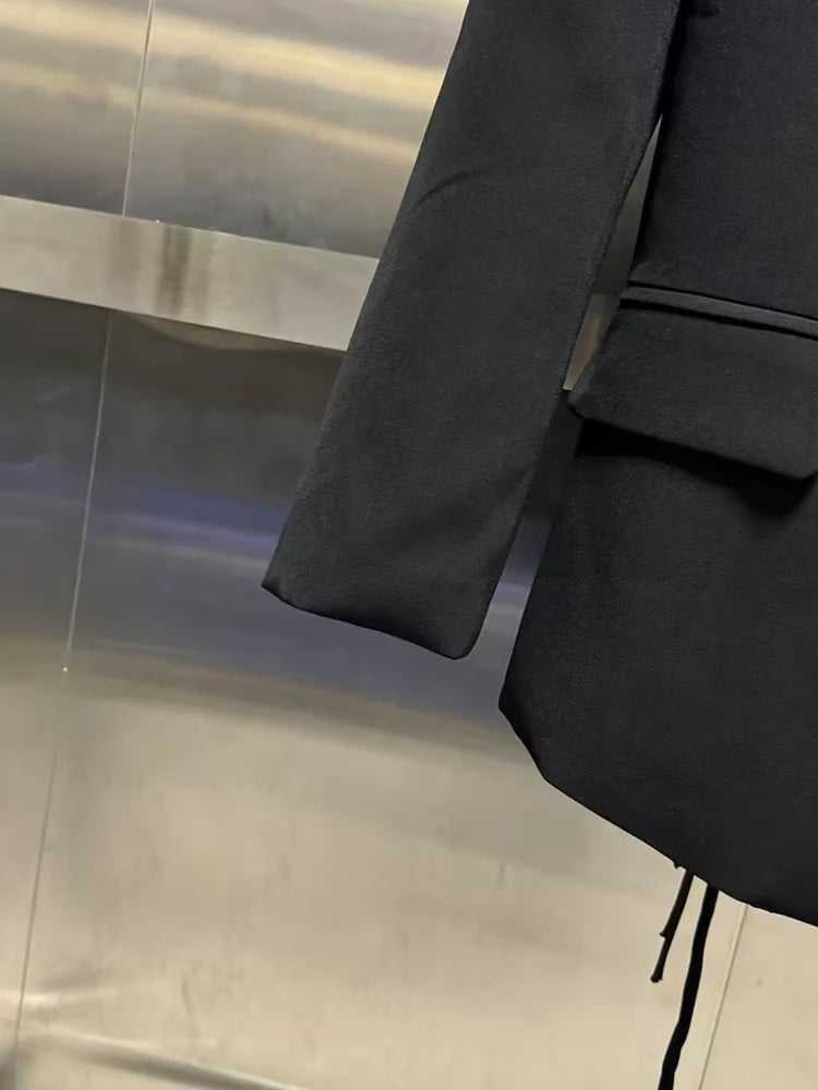 VGH Minimalistische Patchwork-Blazer mit Kordelzug für Damen, Revers, lange Ärmel, rückenfrei, ausgeschnittener Blazer im weiblichen Stil