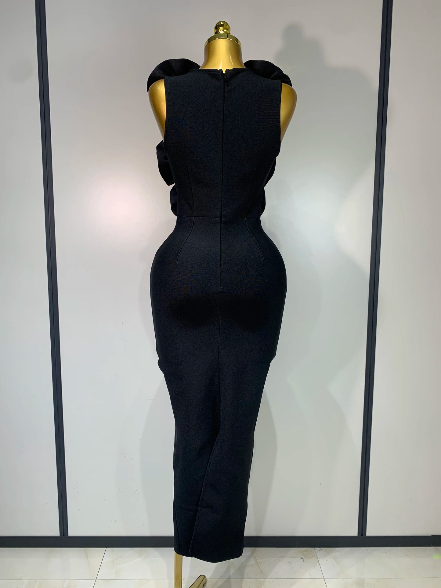 Mode Schwarz 3D Blumen Bodycon Langes Bandage Kleid Celebrity Elegantes Party Geburtstagskleid Damen Ärmellose Sexy Vestidos