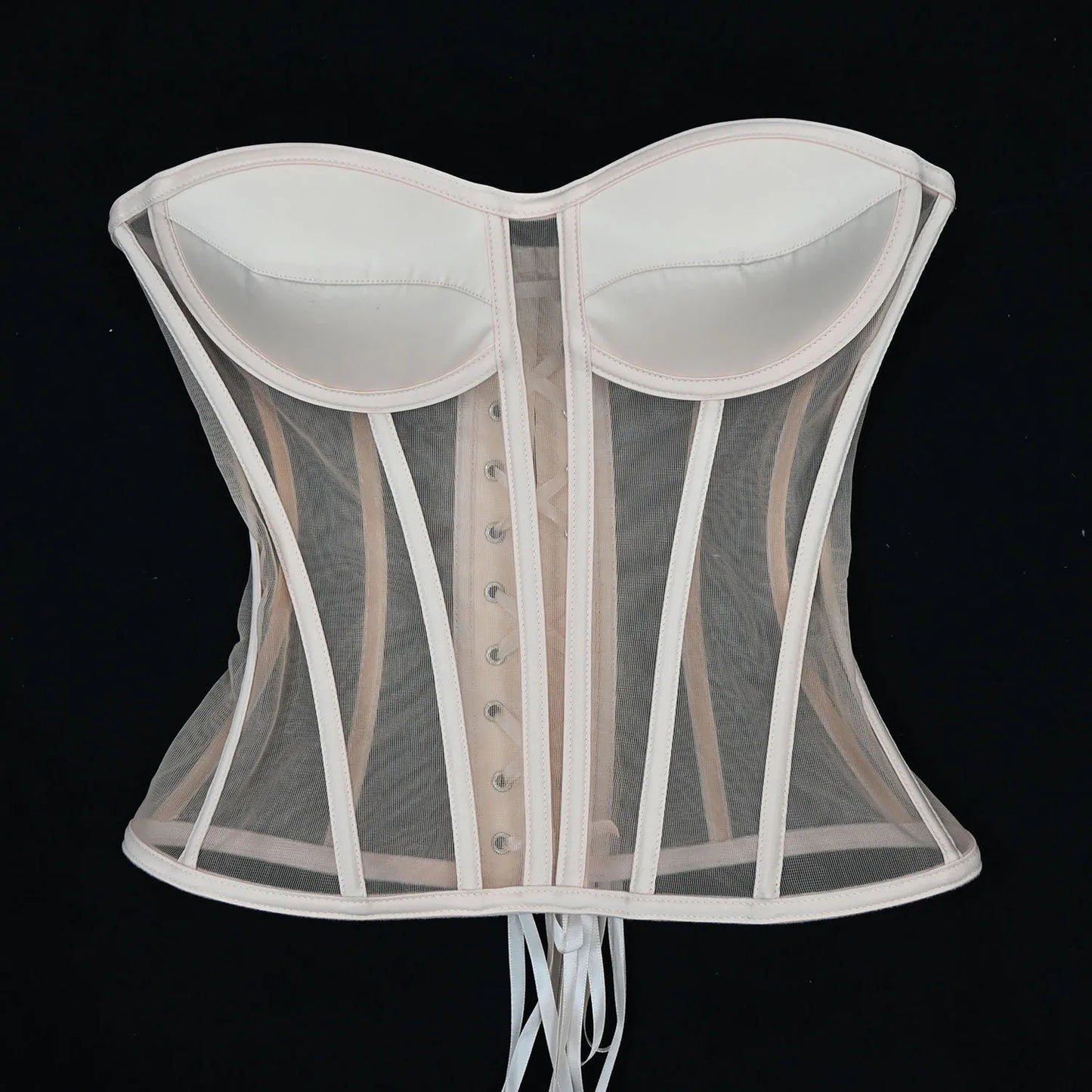 Women Mesh Corset Bustier With Cups Overbust Tight Shaping Tops Strapless Transparent Bodice Slimm Waist Wedding Lace Up Boned
