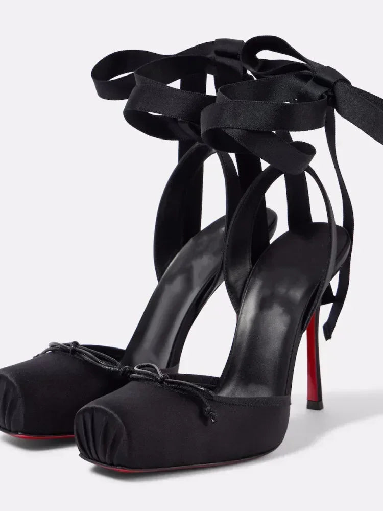 Ladies' New Summer Square Satin High-heeled Sandals with Ankle Straps, Fashionable Party and Banquet Ballet High-heeled Shoes