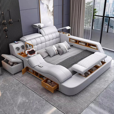Linlamlim Luxuriöses Kingsize-Bett aus echtem Leder / Technisch intelligentes Bett / Multifunktionale Ultimate-Betten / Massagebett mit USB, Projektor