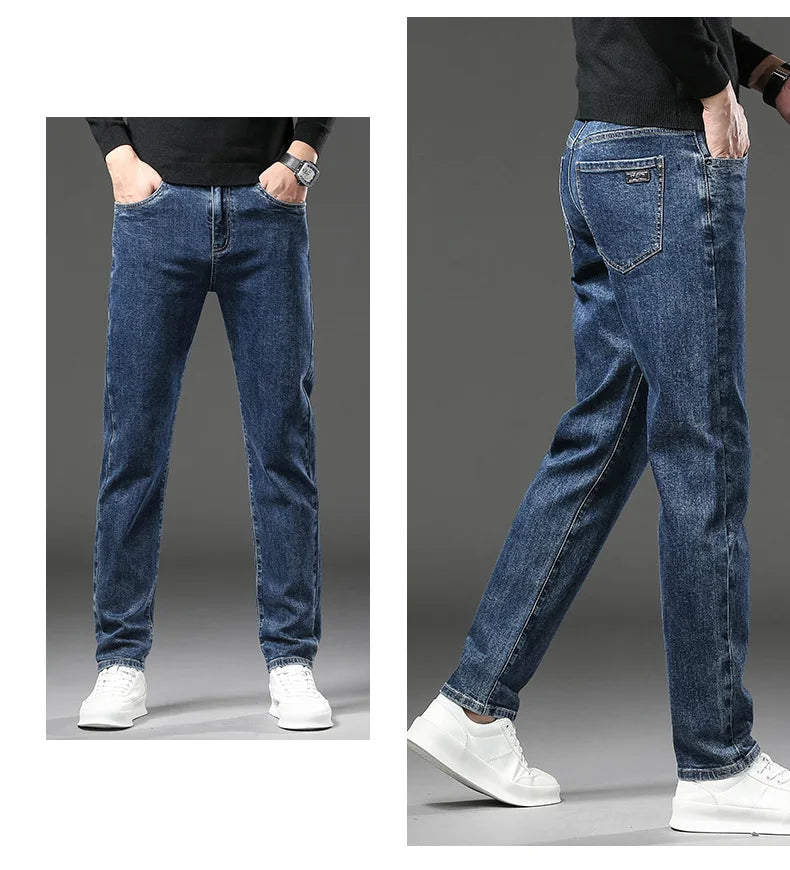 Winter Fleece Dicke Warme Jeans Herren Slim Straight Elastische Denim-Hose Lässige Herrenbekleidung Mode Plüschhose