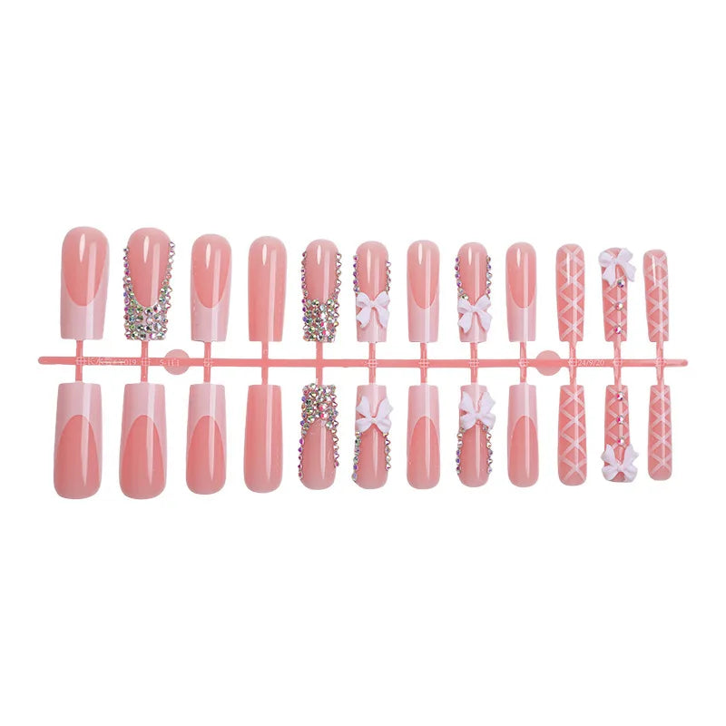 24 Stk. lange Ballett French Press-on-Nägel mit niedlicher rosa Schleife, glänzendem Diamant-Dekor, falsche Nagelspitzen, tragbare süße koreanische künstliche Nägel