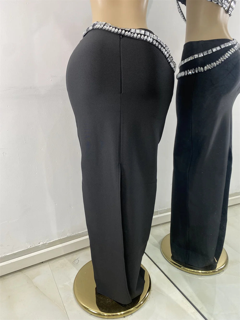 Luxus Kristall Diamanten Top Rock Zweiteiler Damen Bandage Sets Weiß Schwarz Gestrickt Celebrity Abend Geburtstag Party Outfit