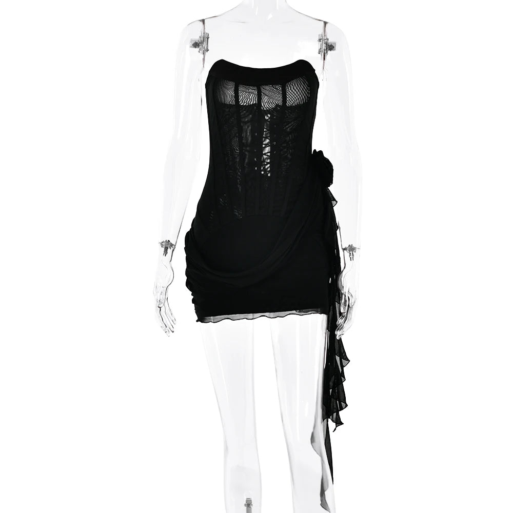 Articat Sexy Trägerloses Bandagenkleid, Zweilagiges Mesh-Patchwork, Damen, Transparent, Blumen-Bänder, Vestidos, Party, Clubwear